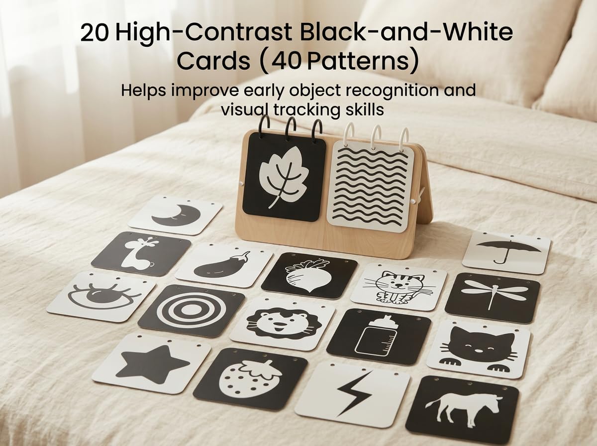 Woodtoe 2-in-1 Tummy Time Mirror, 0-180°Adjustable Angle Montessori Baby Toy, Double-Sided Design with High Contrast Black & White Cards, Shatterproof Baby Mirror for 0-18 Months Newborns Infants