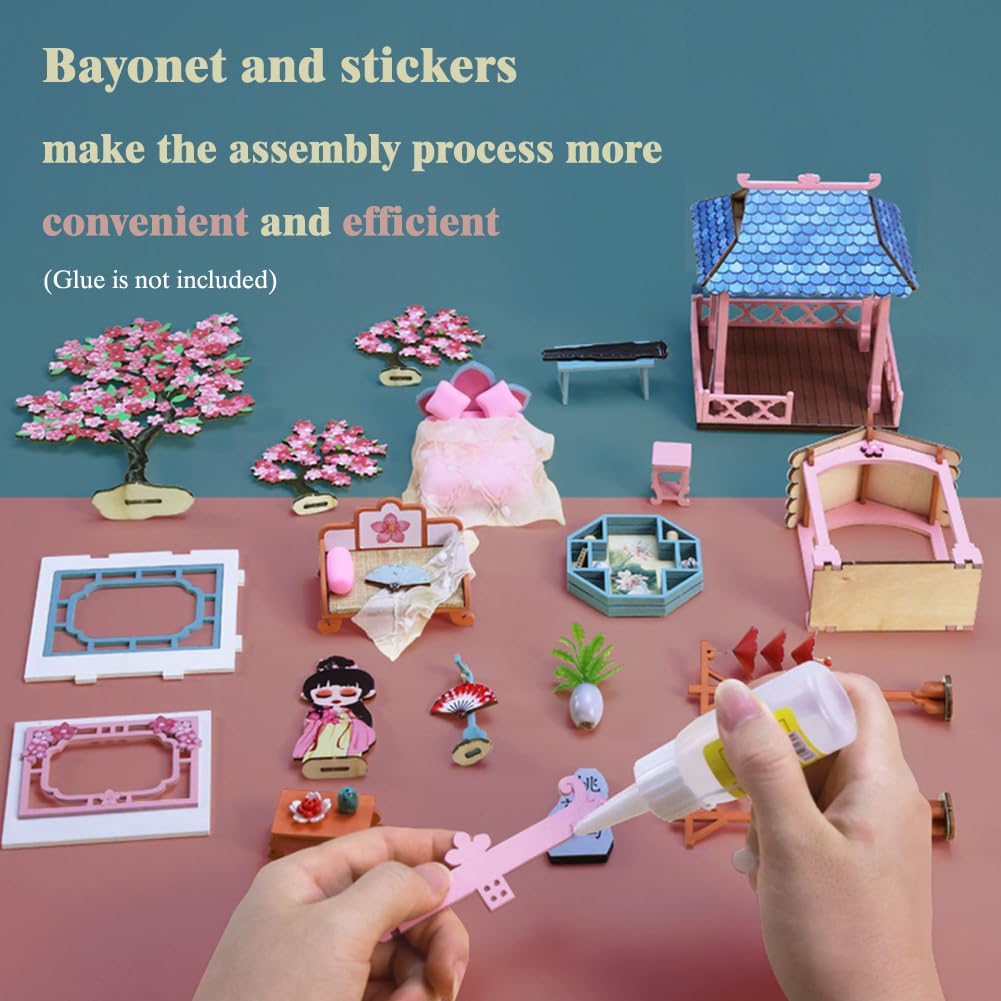 Yuzhen DIY Miniature Dollhouse with Furniture and LED Lights, Ancient Style Wooden Mini-House Includes Dustcover and Music Movement, Exquisite Home Decor