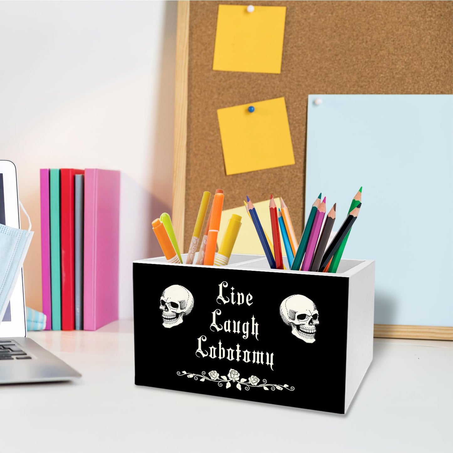 METNBASYY Dark Academia Gothic Skeleton Pen Holder for Desk, Funny Goth Skull Pencil Organizer, Live Laugh Lobotomy Dark Humor Wooden Box Sign Desk Decor for Home Office Decoration
