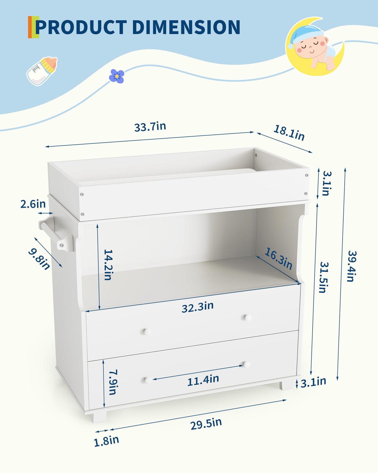 Garvee Baby Changing Table with Drawer and Storage Shelves, Heavy Duty Diaper Station for Nursery, White Wooden Changing Table with Safety Rails for Newborns