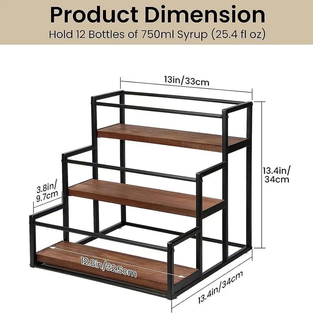 DHUJBFF 3-Tier Wooden Countertop Organizer - Wine Rack & Spice Shelf for Kitchen, Holds 9 Bottles, Space Saver for Coffee Bar, Syrup, Oil, Dining Room Decor