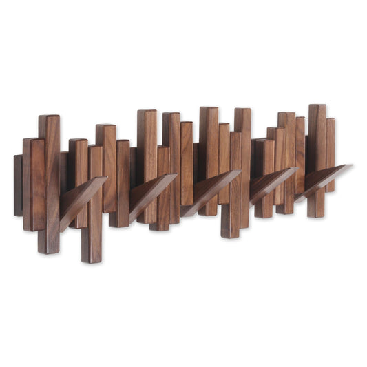 DESAINOPH® Wooden Coat Rack Wall Mounted Sticks Multi Rack Solid Handmade Natural Walnut Wood Artwork with 5 Flip-Down Unique Modern Hooks for Coats Bag Hat Umbrella