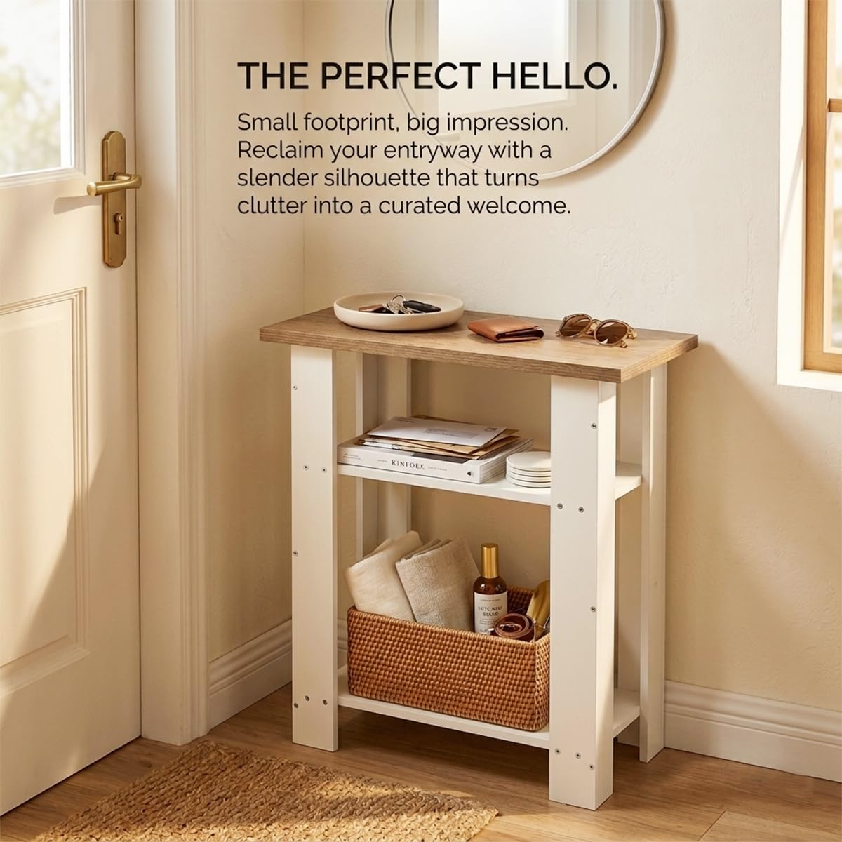 ZEXVIDA White Side Table with Oak Top, 3 Tier Modern Farmhouse End Table, Narrow White Nightstand for Bedroom, Nursery, Living Room, Coastal Small Bedside Table with Storage Shelves, 22.8" H