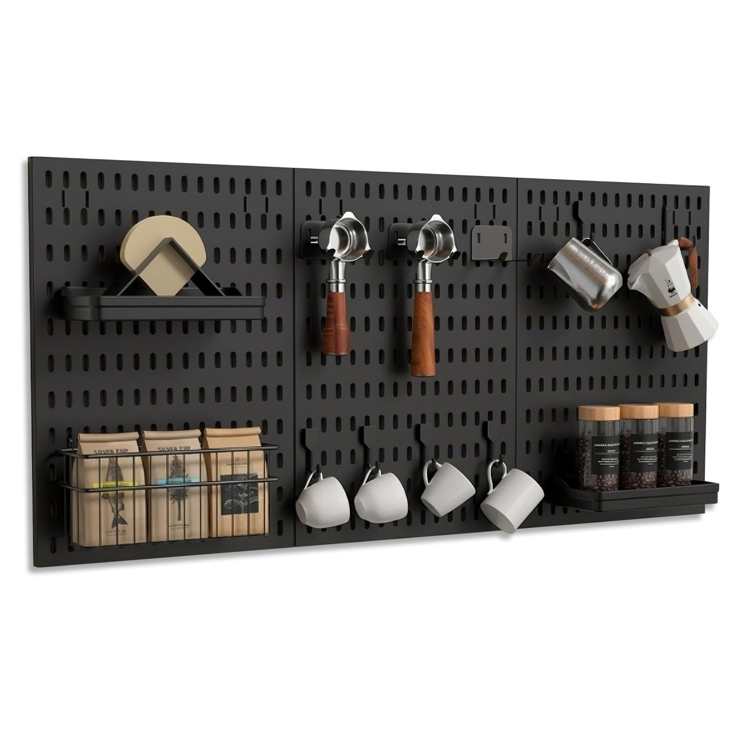 Txjyuyy Coffee Pegboard Wall Storage Set – Wall-Mounted Coffee Mug Holder with Hooks, Cup Racks & Baskets– Home & Office Coffee Stations （Black）