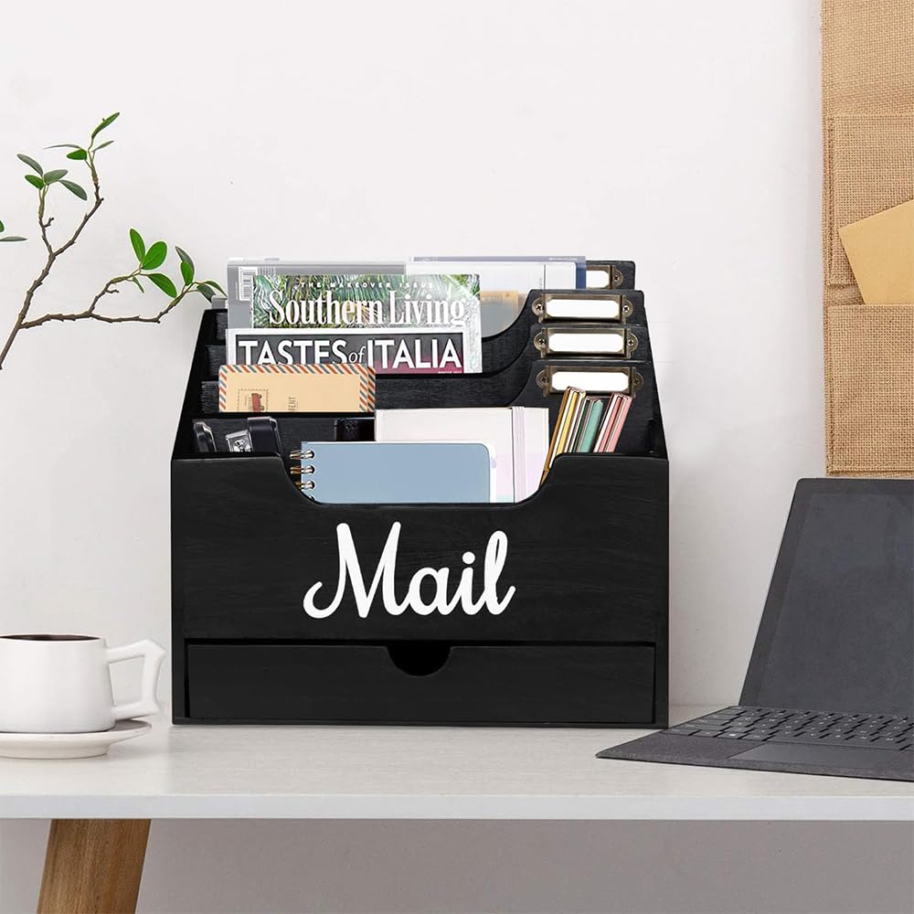 Niciksty Wood Desktop Mail Organizer, Mail Organizer Countertop with 4 Compartments and Drawer, Wood Mail Holder Sorter Organizer Holder for File Letter Paper Folder, Black Wooden Desk Organizer
