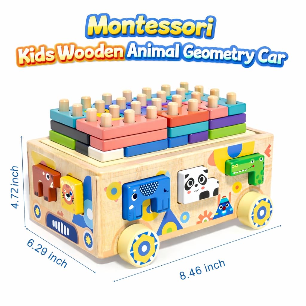 Wooden Montessori Toddler Toy Car Animal Shape Sorting & Peg Stacking Blocks Educational Learning Toy for Toddlers Ages 2-4 Fine Motor Skills Preschool Toy Wooden Shape Sorter Gift for Boys Girls
