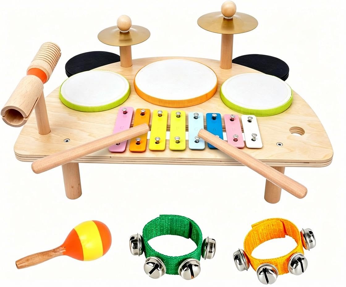 Kids Drum Set, Montessori Musical Instruments for Toddlers 1-6, Wooden Toys Montessori Music Table, Xylophone Drum Kit, Birthday for Boys Girls