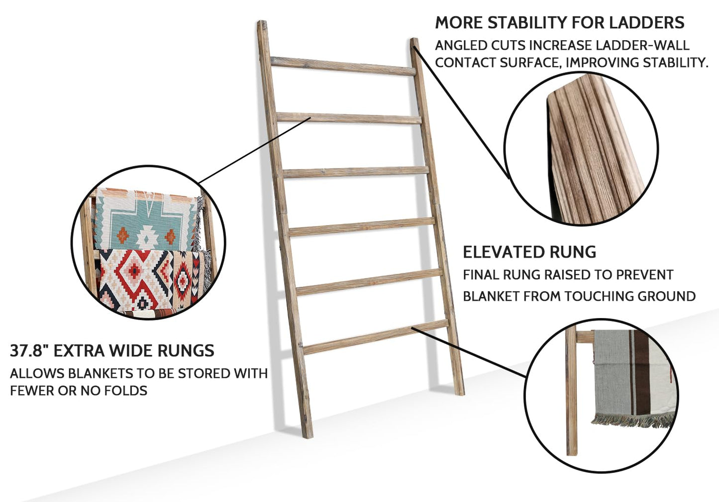 FUIN Extra Wide 6.4ft Wooden Blanket Ladder Living Room Decorative Wal Leaning Farmhouse Quilt Display Holder Rustic Wood Towel Rack for Bathroom, Burnt Brown, 38 inch Wide