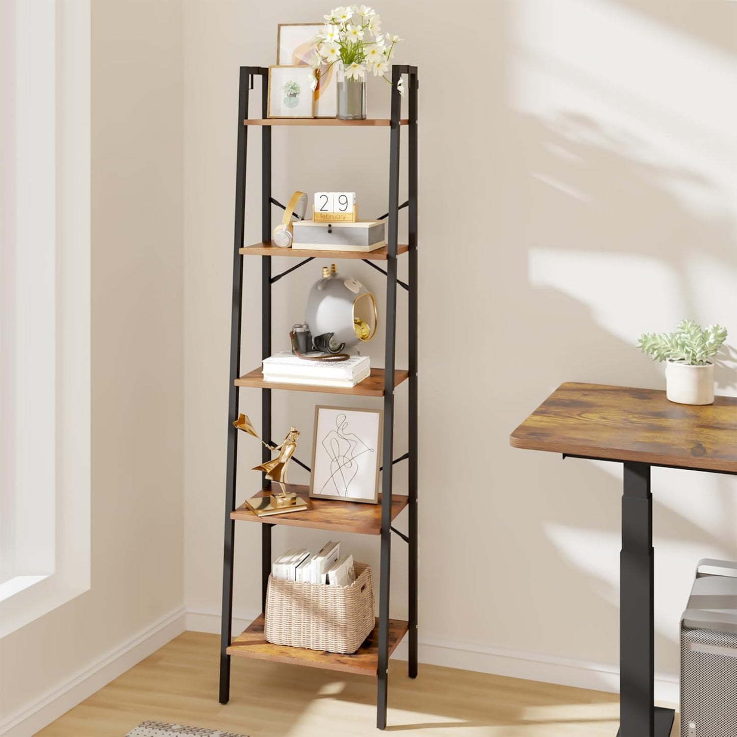 Hzuaneri Ladder Shelf, Bookshelf Bookcase, Freestanding Corner Storage Shelve with 2 Hooks for Home Office, Living Room, Kitchen, Bedroom, Industrial, 11.8" D x 17.3" W x 63" H, Rustic Brown BC19201B