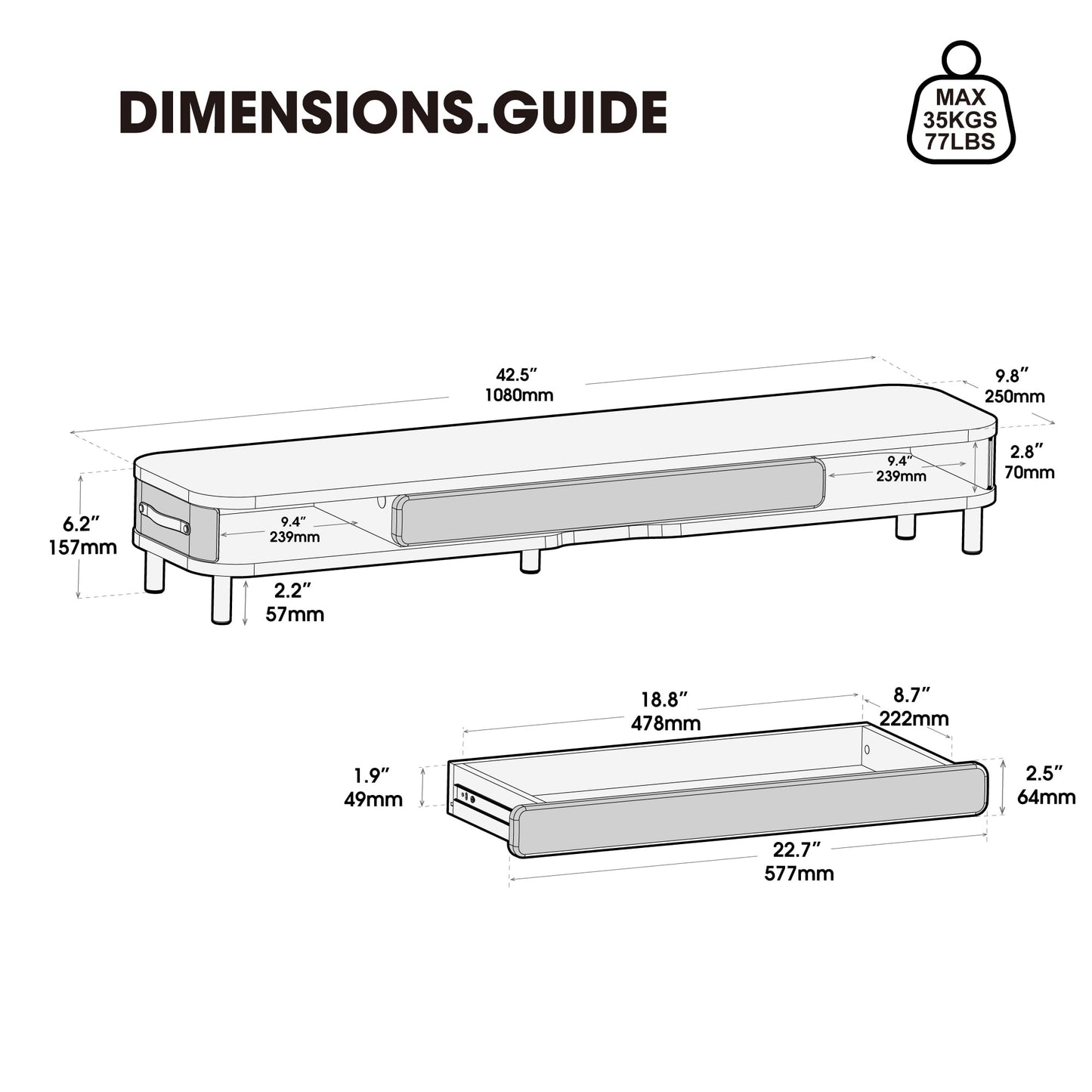 Fenge Monitor Stand with Large Drawer, 42.5 Inch Dual Monitor Riser for 2 Monitors, Ergonomic Computer Desk Shelf with Soft Touch Leather & Storage Organizer for Laptop, Computer, TV, PC, Printers