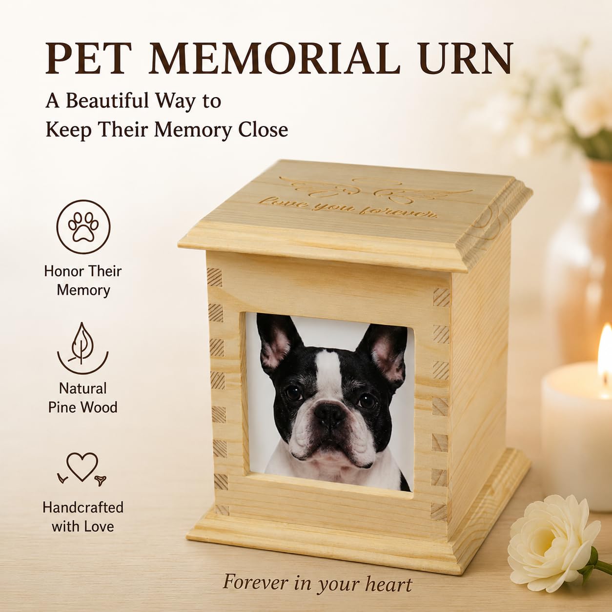 Pet Memorial Urn for Dogs & Cats with Photo Frame, Wooden Keepsake Ashes Box with Engraved Lid, Sympathy Gift for Loss of Pet, Decorative Memorial Box for Home Display