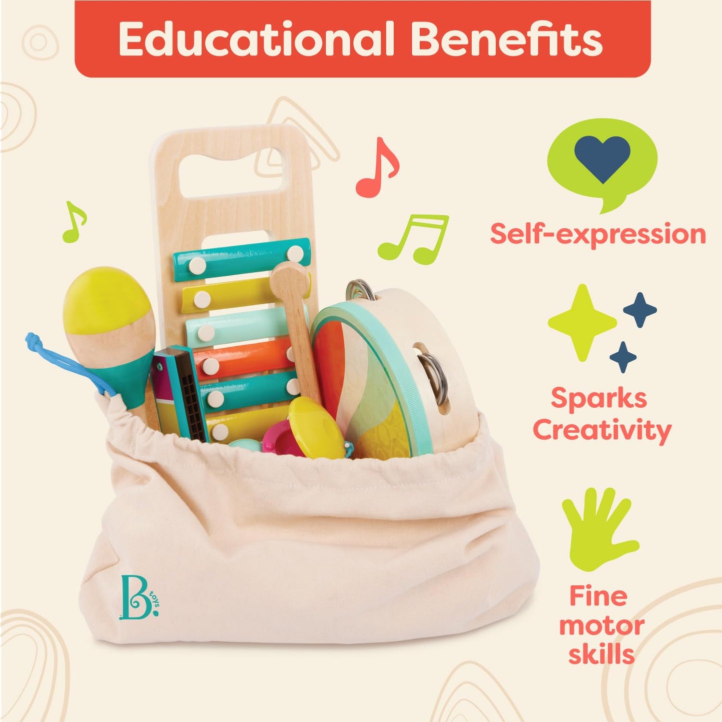 B. toys – Make a Melody – 9 Pieces Wooden Musical Instruments – Xylophone, Tambourine, Harmonica – Drawstring Storage Bag – 2+ Years