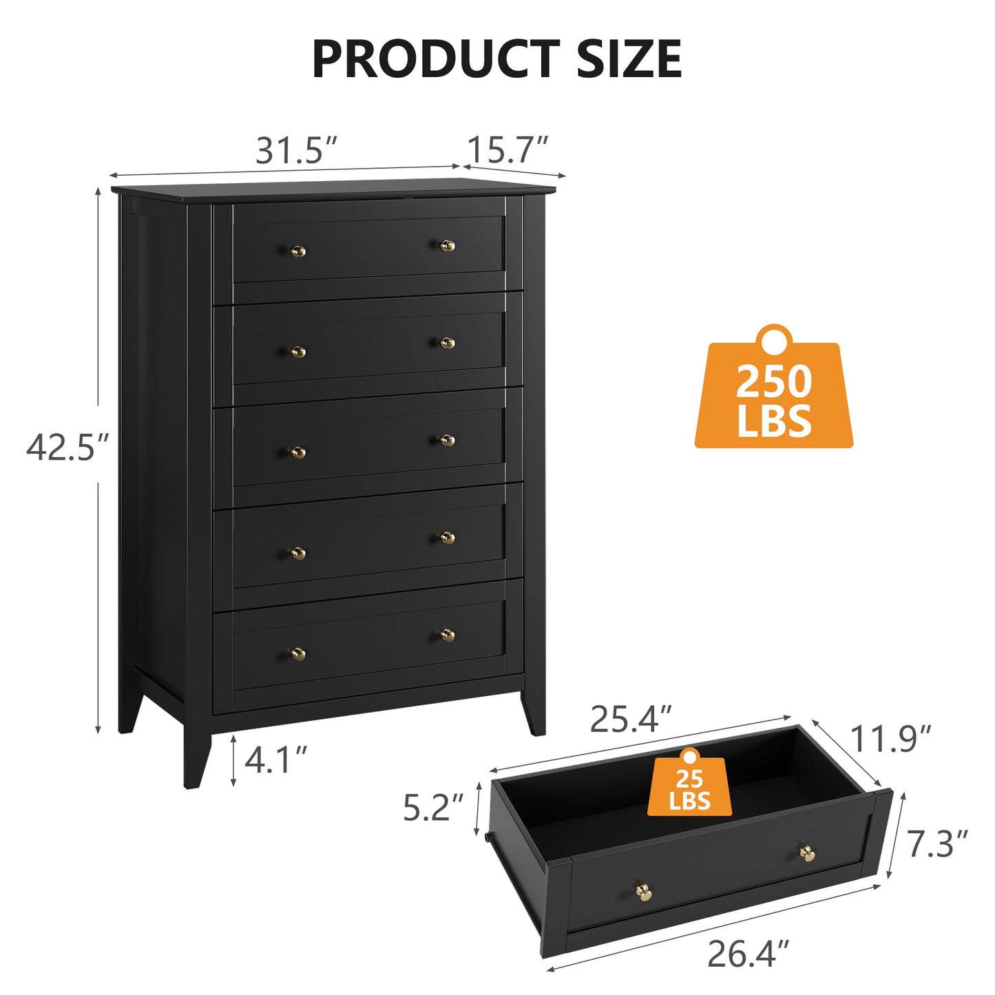 IDEALHOUSE 5 Chest of Drawer Dresser, Modern Wood Organizer Dresser Storage Cabinet with Drawers for Bedroom, Living Room, Entryway, Black