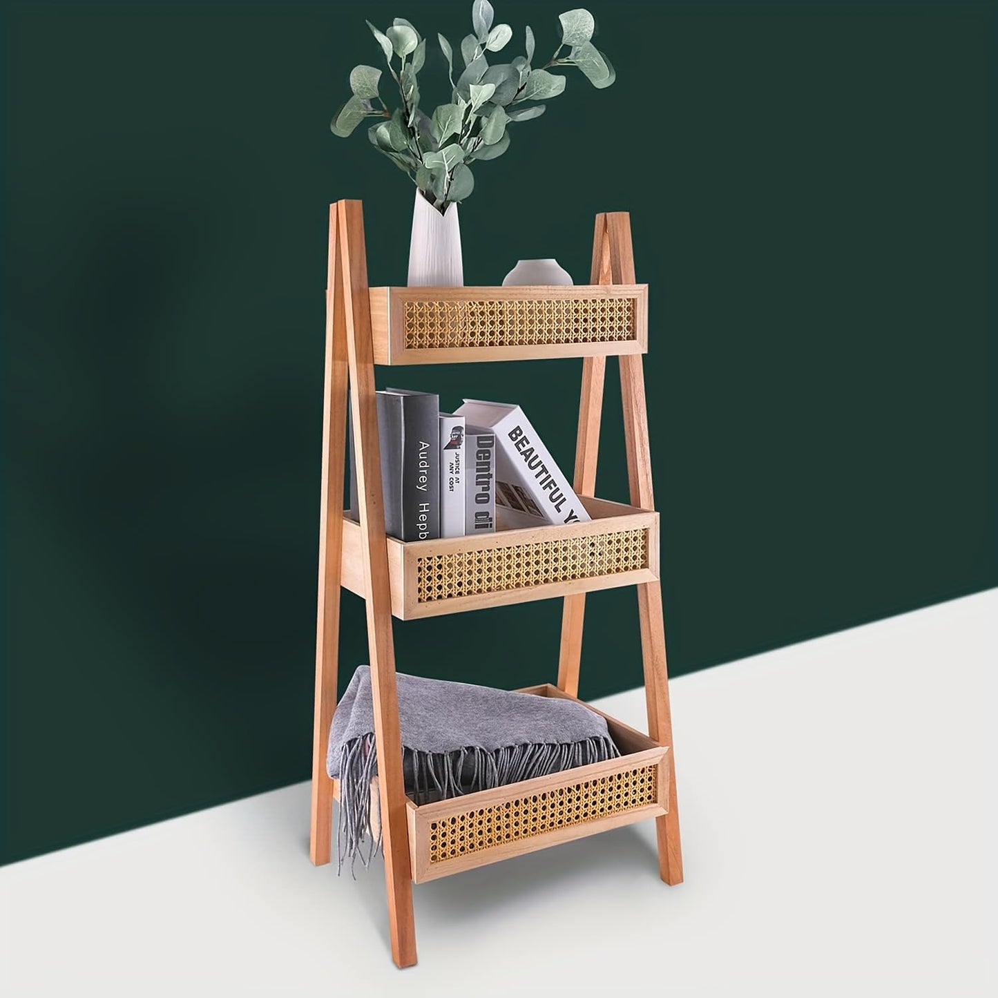 Free Standing Bookcase, Blanket Ladder, Ladder Bookshelf, 3-Tier Rattan Bookshelf, Wood Organizer Storage Shelves for Living Room Bedroom Kitchen Bathroom Balcony and Home Office