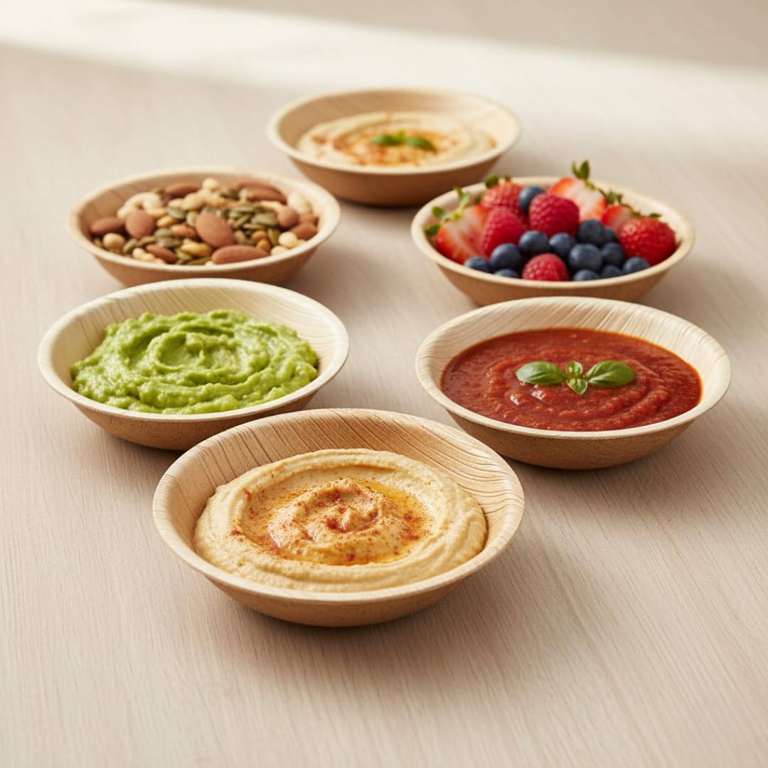 Charity Leaf Disposable Palm Leaf 3.5" Round Mini Bowl (100 pcs) Dipping Bowls | Bamboo Like| All Natural and Biodegradable | Charcuterie Boards, BBQs, and Parties