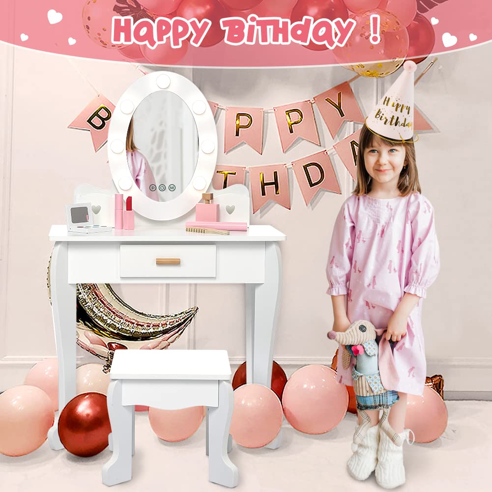 Garvee Kids Vanity Set, Pretend Play Girls Vanity Table and Chair Set with Lighted Mirror, Stool, and Wood Makeup Playset, White