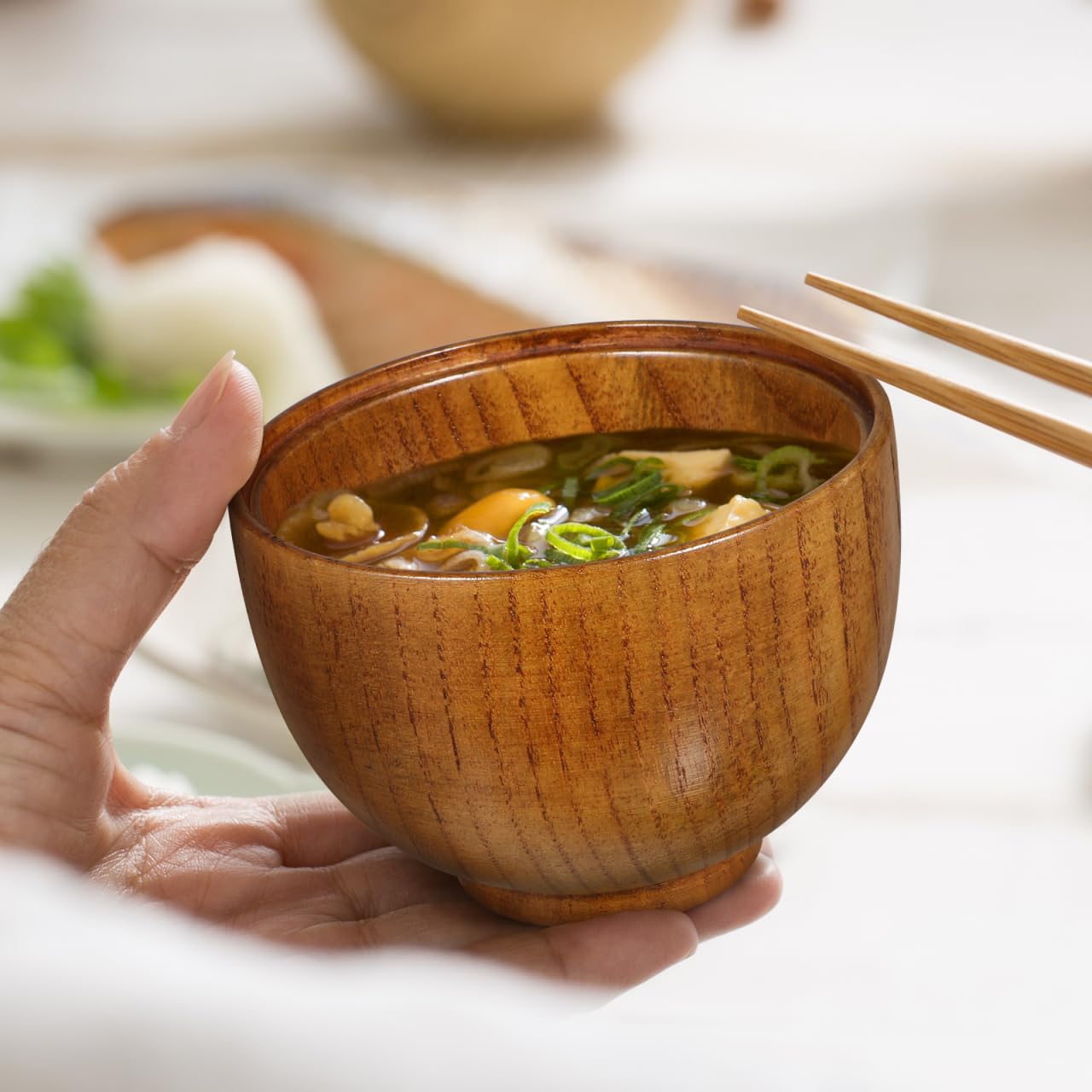 Baluue Japanese Style Wooden Rice Bowls with Lids Set of 2 3.93In Small Soup Serving Bowls for Salad Miso Soup and Snacks Lightweight Tableware for Home and Restaurant Use