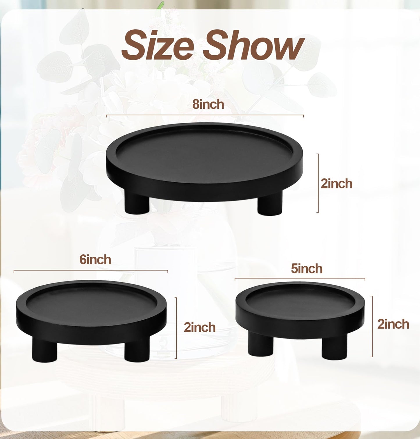 3 Pcs Wood Plant Stand Indoor Outdoor, Wooden Stool Display Stand 5/6/8" Round Riser Flower Pot Holder with Raised Edge Small Planter Tray Modern Potter Decorative for Garden Desktop Home Table Counter Room (Black)
