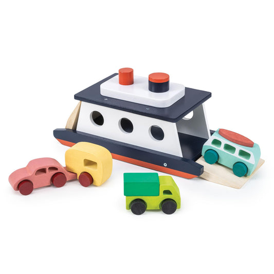 Mentari Toys - Car Ferry - Wooden Boat Set with 4 Vehicles - Includes Car, Caravan, Campervan, and Truck - Interactive Loading & Unloading Toy for Fine Motor Skills, Gift for Toddlers Age 3+