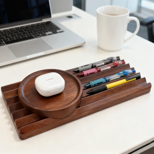 LITAITAI Horizontal Pen Holder for Desk, Walnut Pen Holder with 5 Compartments,Pen Tray Office Accessory, Teacher Gifts, Suitable for School, Home,Pen Tray for Desk (Walnut)
