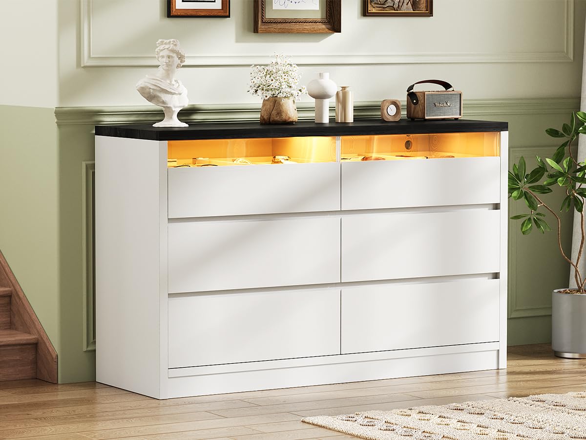 Jocoevol White 6 Drawer Dresser for Bedroom with LED Light, Modern Large Chest of Drawers, Wood Storage Double Dresser with Deep Drawers for Living Room, Entryway, Hallway, White