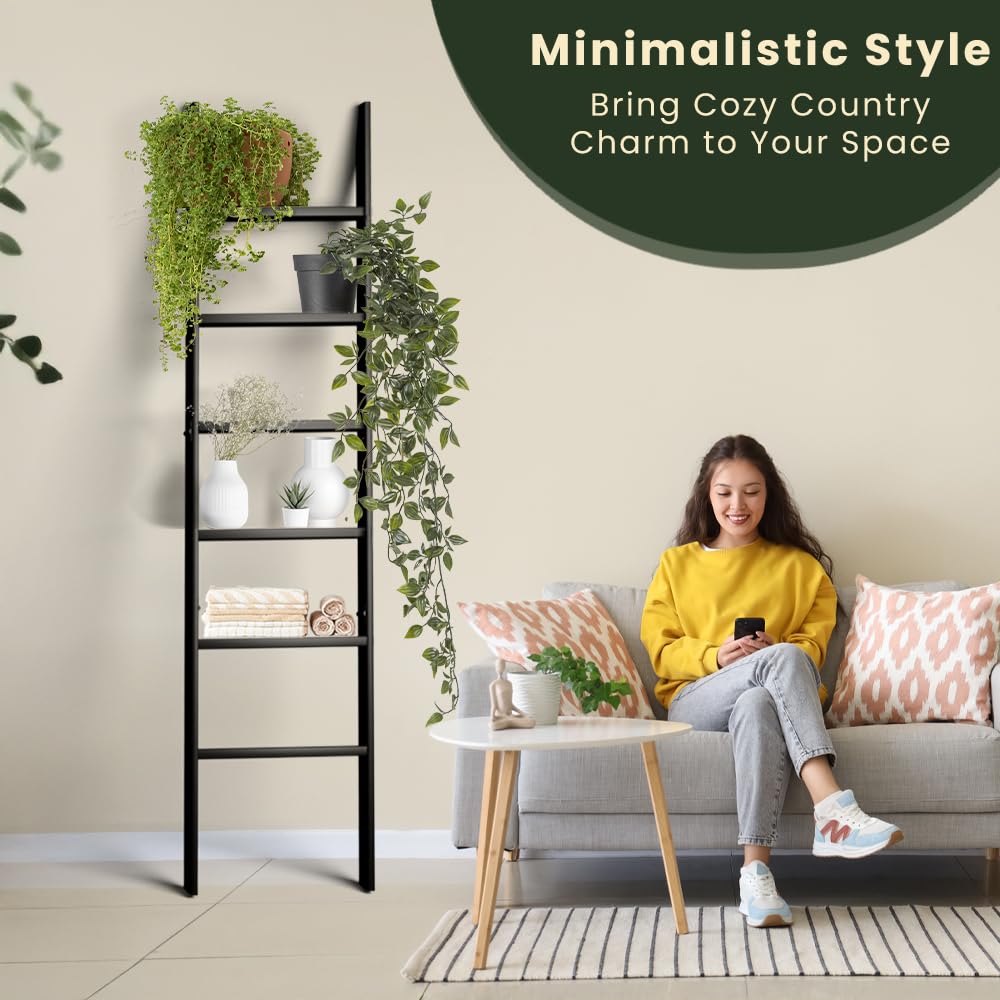 Wooden Blanket Ladder for Living Room 6-Tier, Decorative Ladder Blanket Rack & Quilt Ladder Decor with Removable Hooks, Farmhouse Wood Ladder, Easy Assembly, Anti-Slip Sturdy Blanket Holder, 68 Inch.