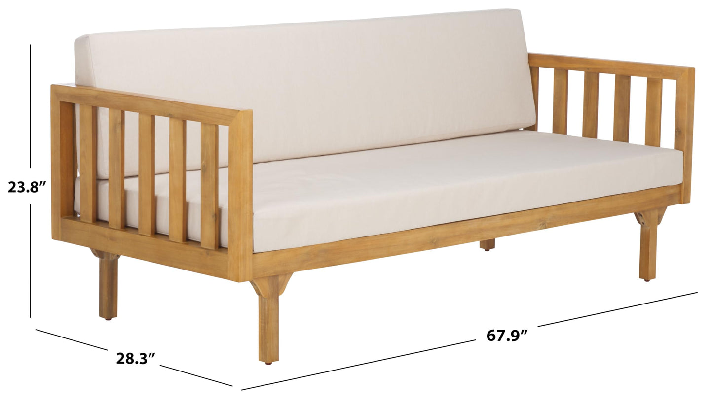 SAFAVIEH Outdoor Patio Furniture Collection - Napoli Oak Brown & Cream 3-Seater Wooden Bench with Cushions, Modern Slatted Design (PAT6804B)