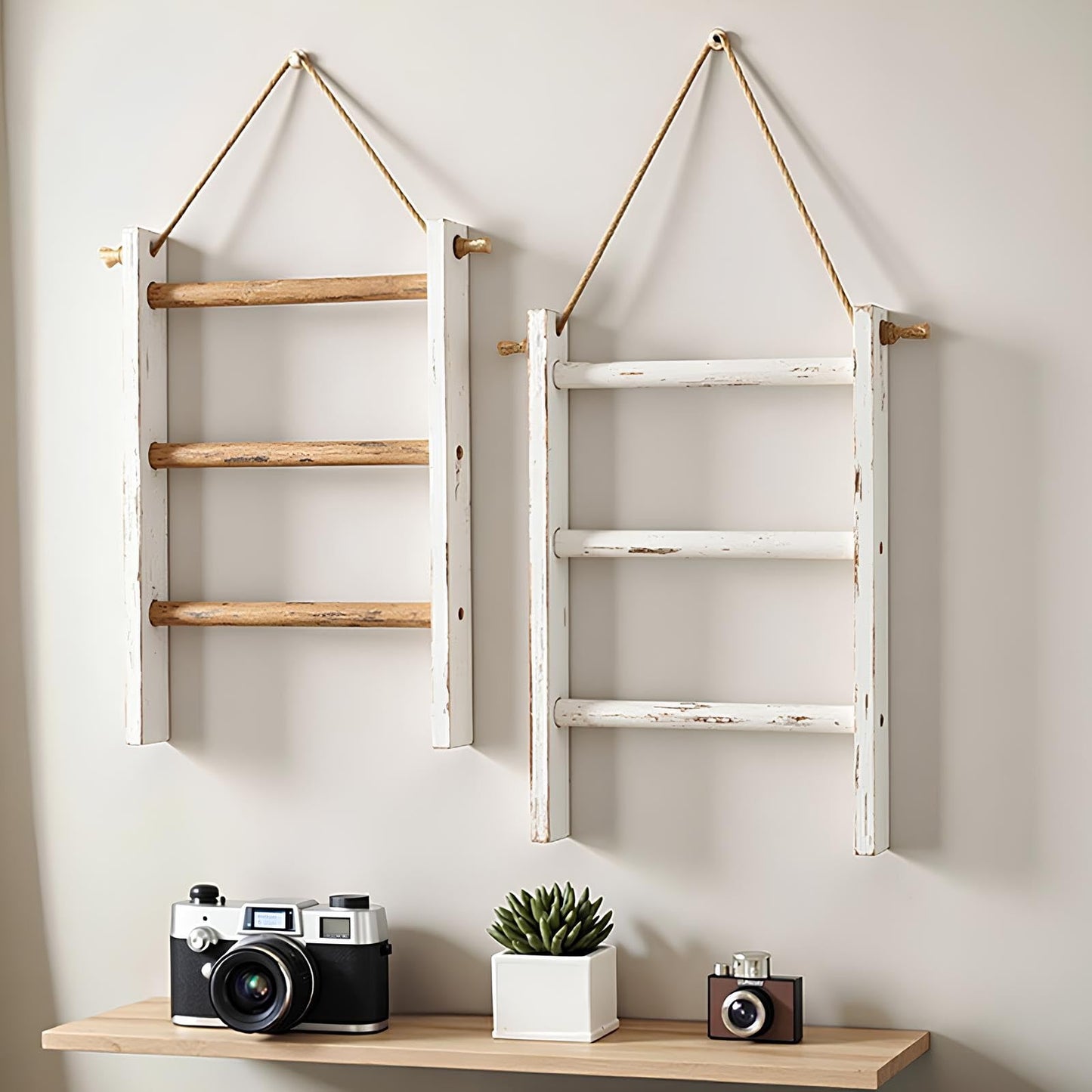 Wooden Old Three-Layer Shelf Bathroom Bathroom Towel Scarf Storage Rack Wall-Mounted Hemp Rope Trapezoidal Hanger Decorative Rack, for Rustic Bathrooms(C)