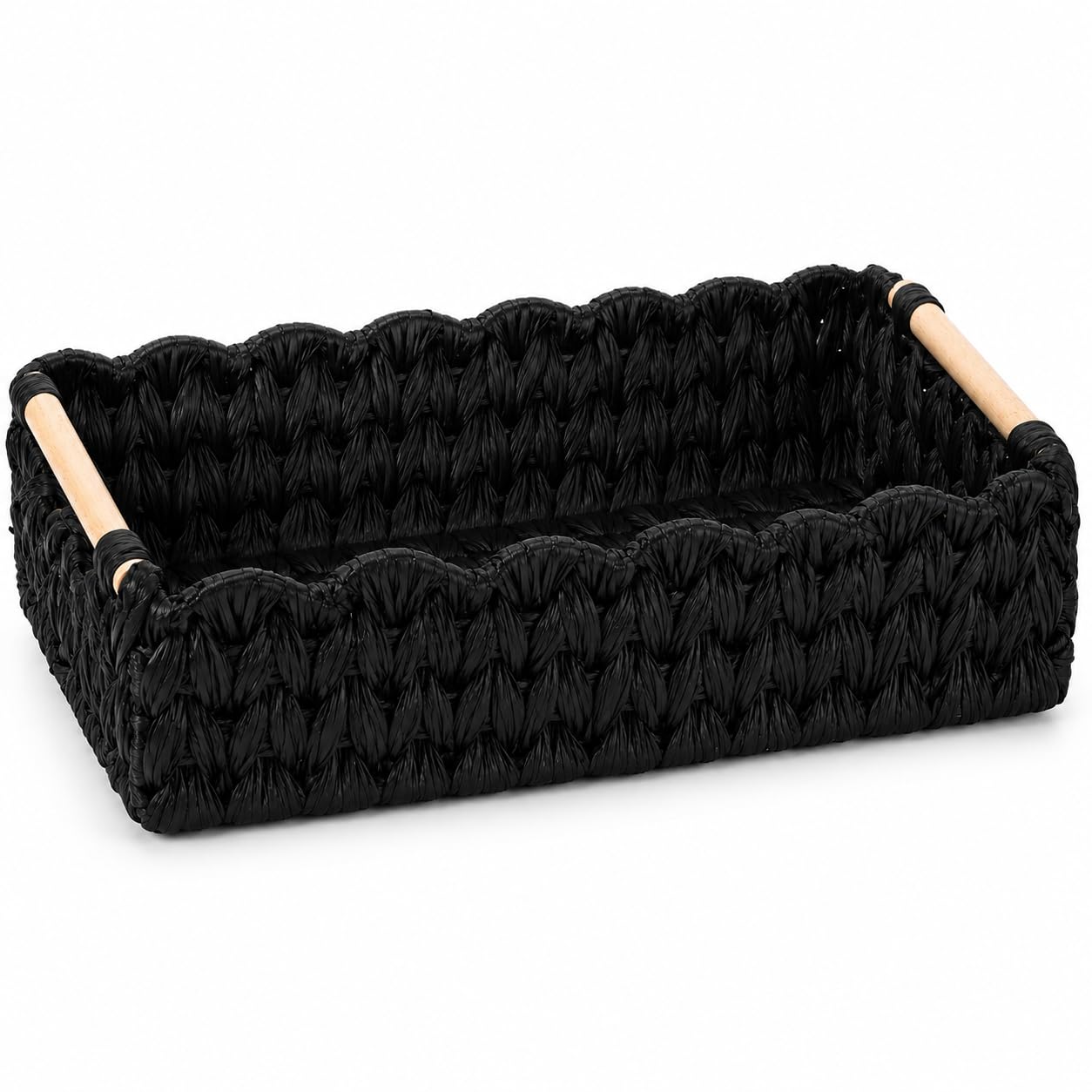 Duimbok Black Paper Rope Woven Basket, Scalloped Edge Toilet Paper Holder with Wooden Handles, Farmhouse Bathroom Storage for Over Toilet Shelf, End Table, Cozy Bedroom Decor