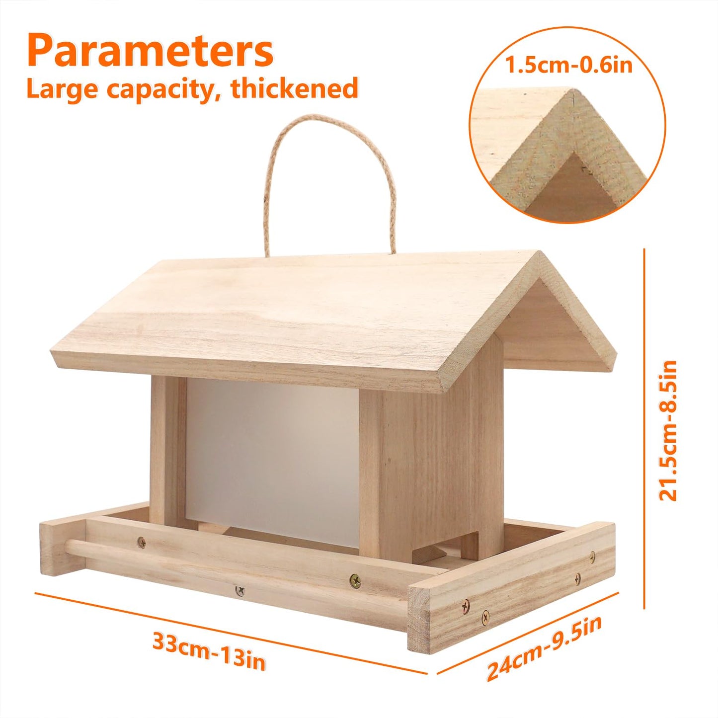 Zeqeey Hanging Wooden Bird Feeder, Outdoor Large Capacity Wood Birdfeeder for Feeding Outside Garden Wild Birds Finches Robin Sparrow Blue Jay Chickadees