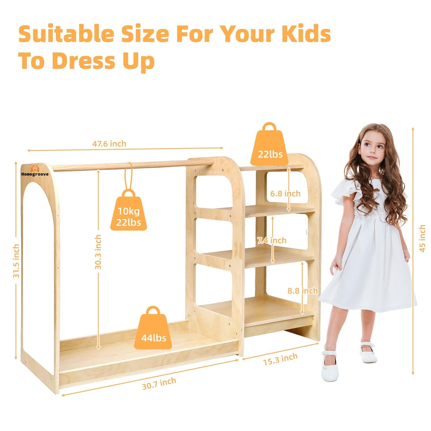 homegroove Kids Dress Up Storage with Mirror, 31.5 Inch Kids Wardrobe Closet with Storage Shelf for Little Girls and Boys, Wooden Costume Organizer for Bedroom Classroom Playroom Furniture