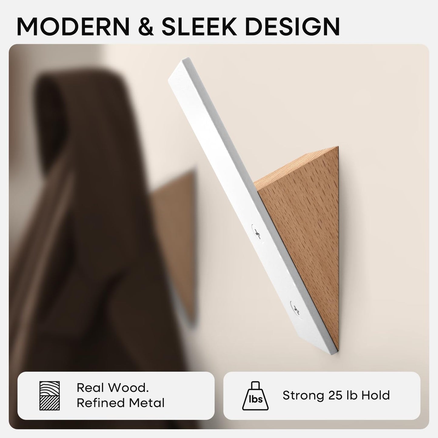 Homeforia Beech Wood Coat Hooks, High End Beech Wood & White Metal Wall Mounted Clothing Hooks, Mid-Century Modern Coat Hooks, Heavy Duty Wooden Hooks for Hanging Coats, Hats, Towels & More, Set of 3