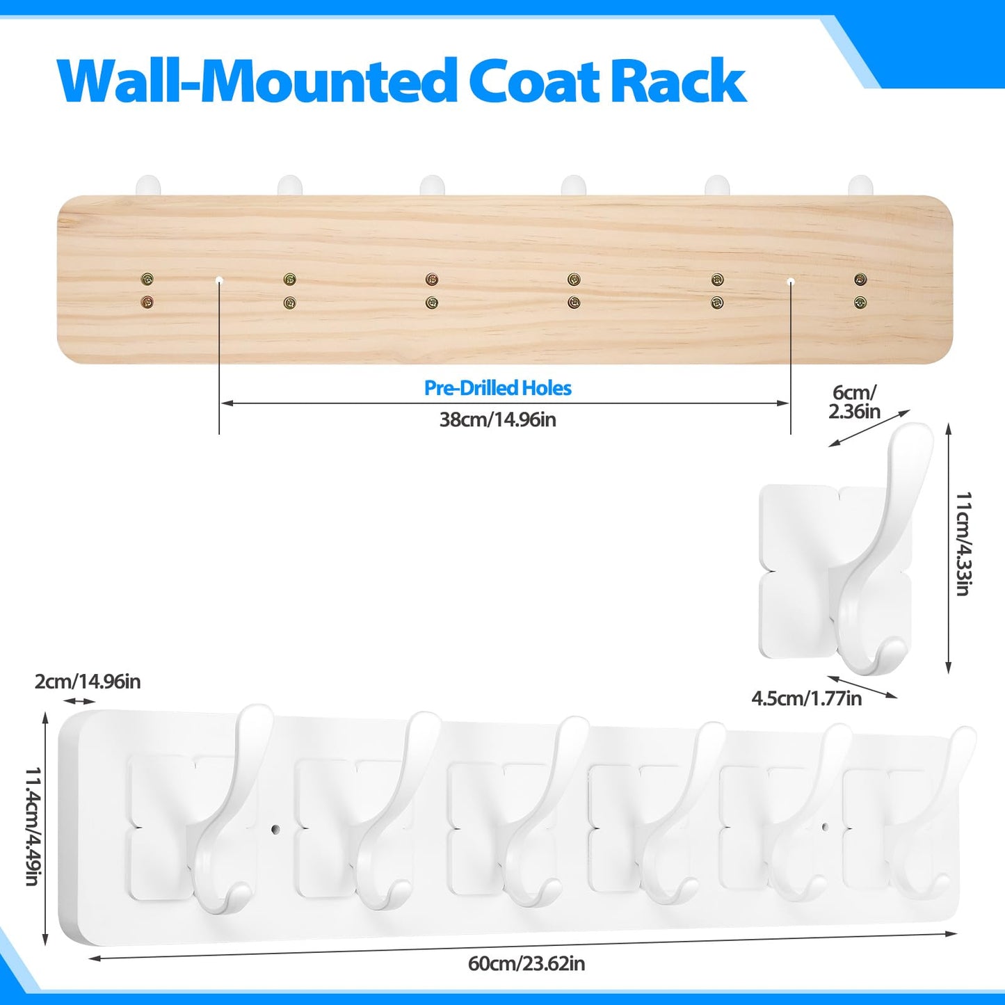 VIEBSOTG Solid Pine Wooden Wall-Mounted Coat Rack - Rustic Entryway Organizer with 6 Zinc Alloy Hooks, Space Saving Wall Coat Hanger for Jackets, Hats, Bags, Towels & Robes (White, 6 Double Hooks)
