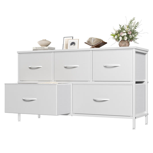 OLIXIS Dresser for Bedroom with 5 Drawers, Wide Chest of Drawers, Fabric Bedroom Dresser with Drawer Organizers, Storage Organizer Unit with Fabric Bins for Closet, Living Room, Hallway,White