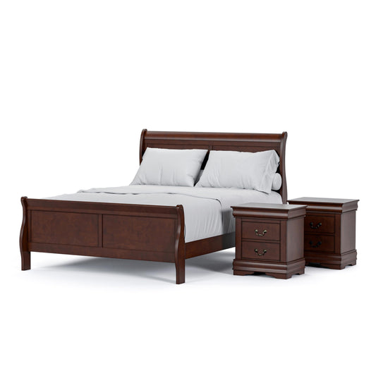 Furniture of America Louis Philippe Traditional Solid Wood 3 Piece Bedroom Set, Queen Bed Frame and Nightstands Set of 2, Sleigh Design Bedframe with Headboard and Footboard, Box Spring Needed, Cherry