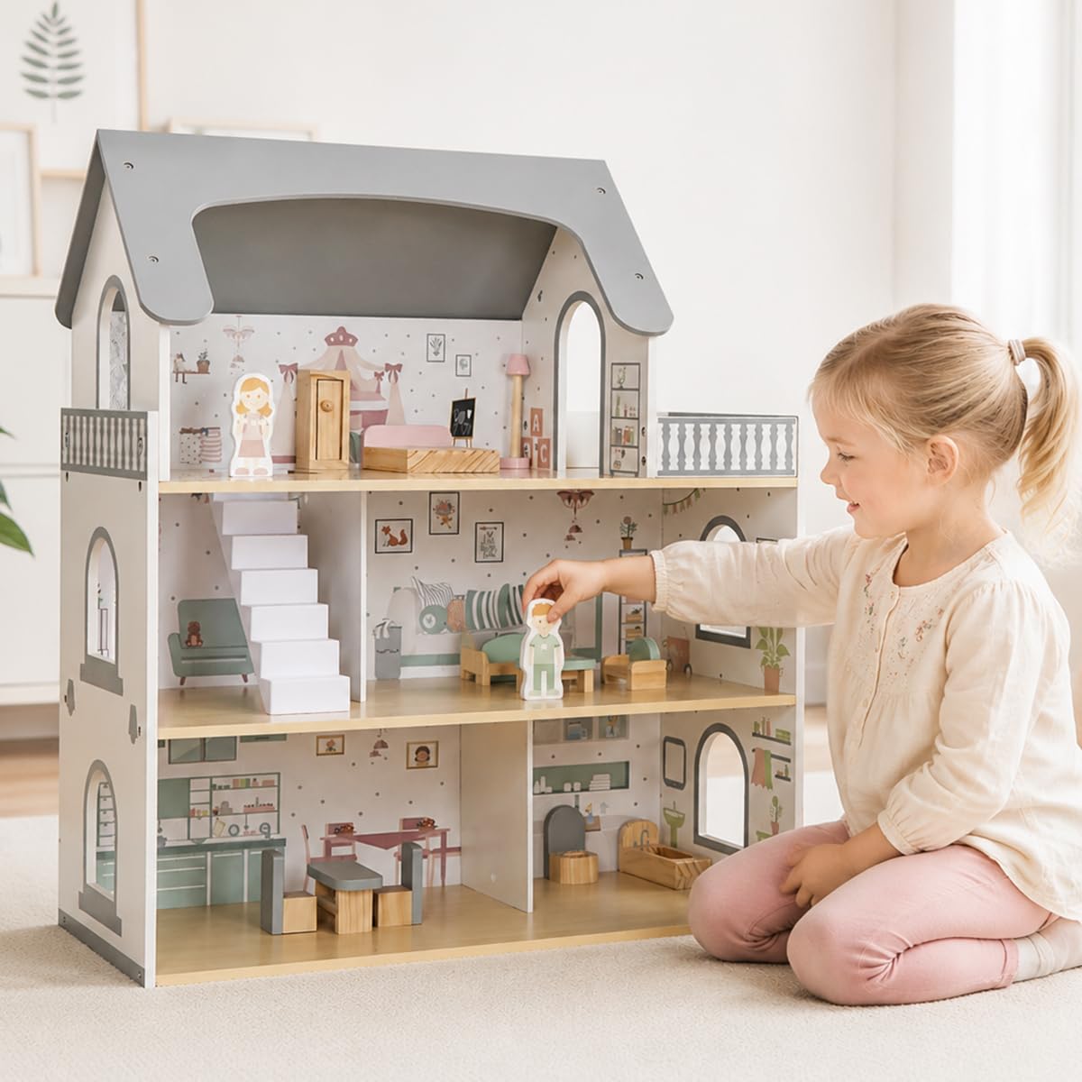 Wooden Dream Playhouse for Girls with Balcony,Doll House for Kids with Furniture,DIY Pretend Play House Toy, Children Dollhouses Toys with 12 PCS Accessories,Birthday Gifts for Boys Girls Ages 3+