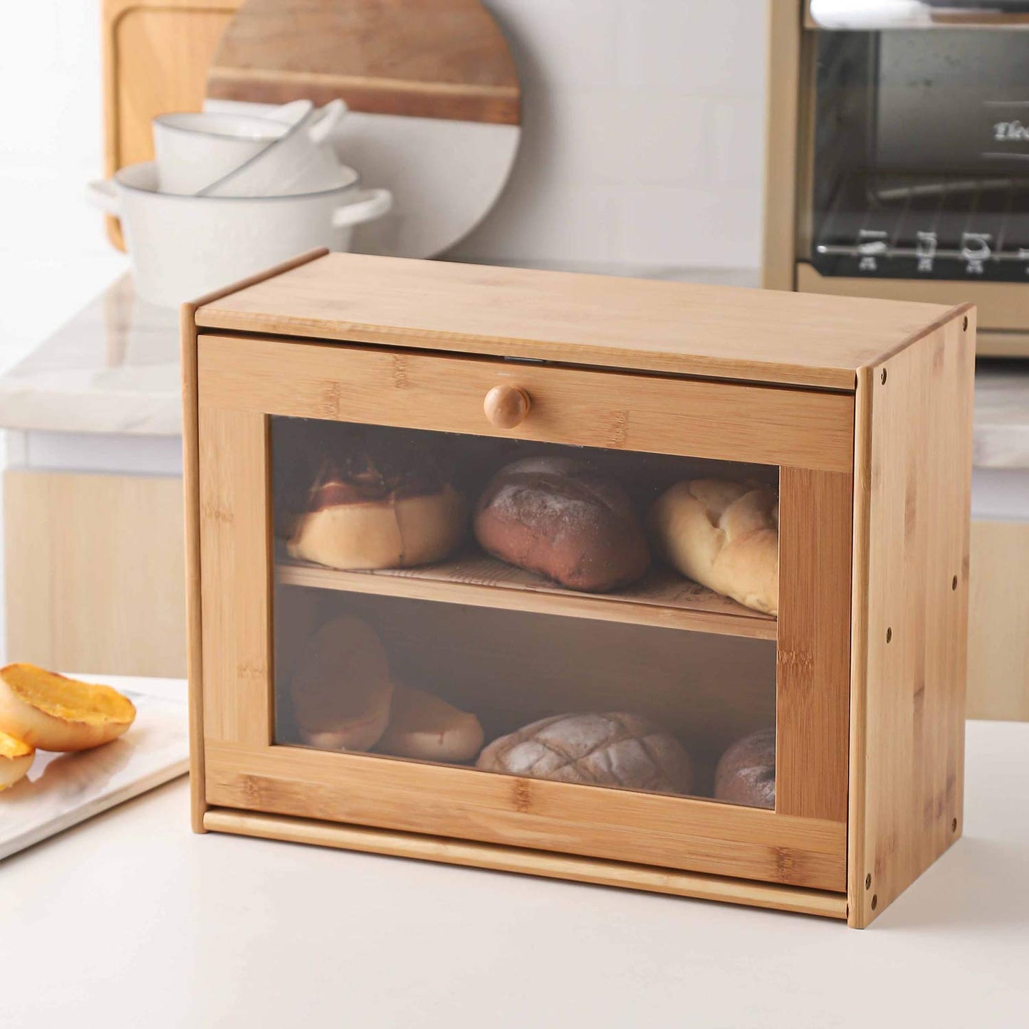 Bread Box, 2 Layer Bamboo Bread Boxes with transparent windows for Kitchen Food Storage, Equipped with three transparent glass storage Kitchen Canisters，15.7" x 6.69" x 12", (Assembled)
