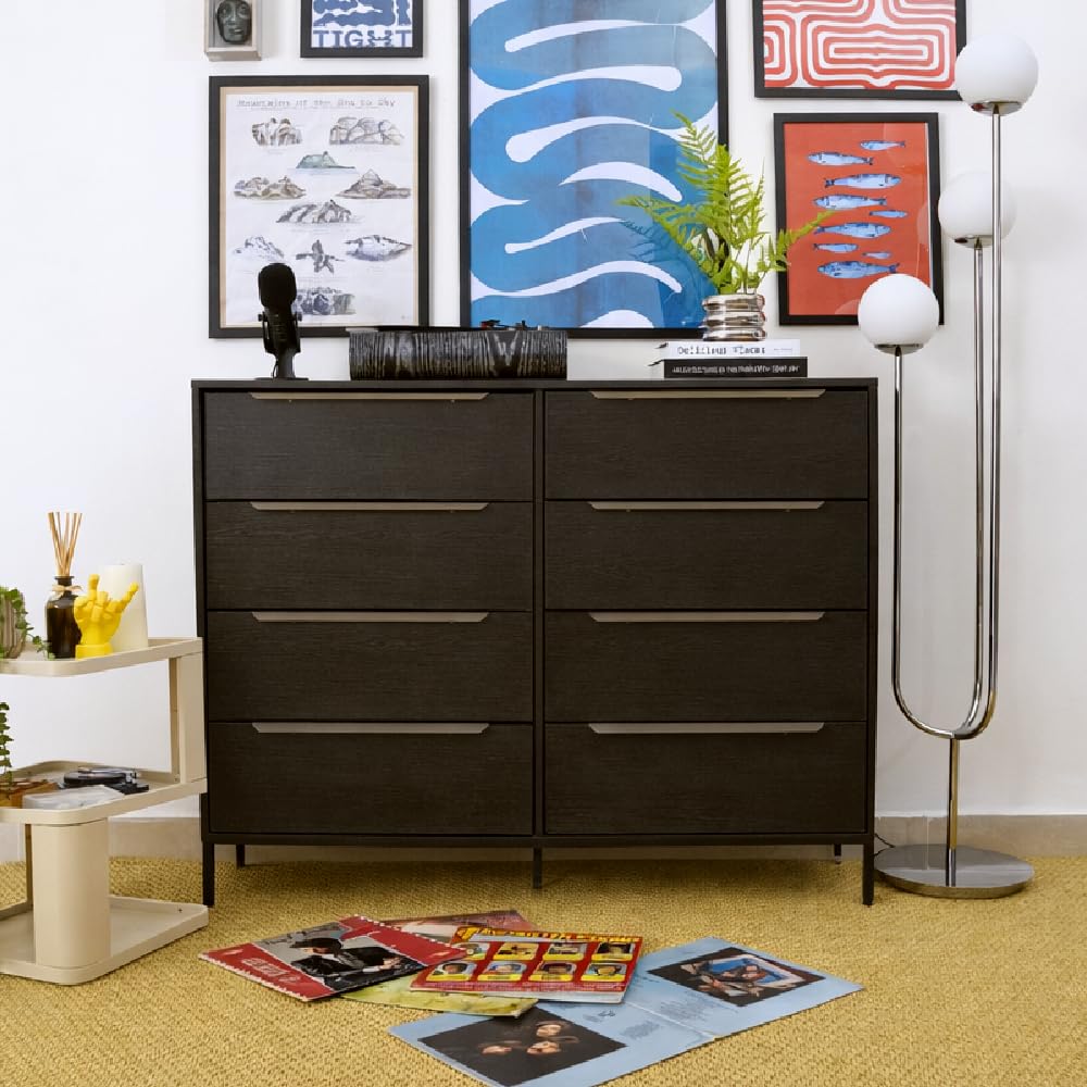 tinge Lira Premium 8 Drawer Fabric Dresser - Engineered Wood Frame Chest of Drawers for Bedroom - Strong & Sag-Proof Clothing Organizer with Sleek Metal Handles (Black)