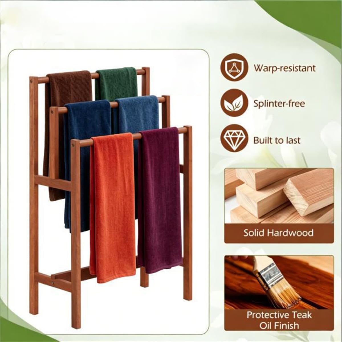 3-Tier Freestanding Hardwood Towel Rack, Farmhouse Blanket Ladder for Bathroom & Living Room, Space-Saving Vertical Towel Bar Storage Stand, Natural Solid Wood Quilt Drying Rack