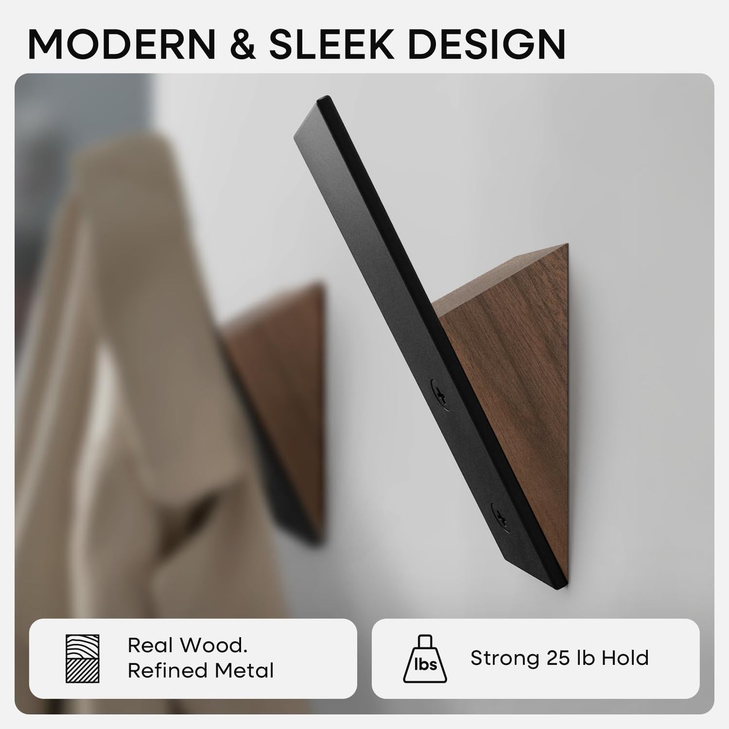 Homeforia Walnut Wood Coat Hooks, High End Walnut Wood & Black Metal Wall Mounted Coat Hooks, Mid-Century Modern Clothes Hooks, Heavy Duty Wooden Hooks for Hanging Coats, Hats, Towels & More, Set of 2