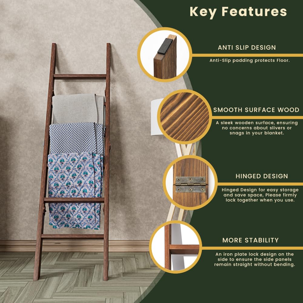 TotsNjoy Wooden Blanket Ladder for Living Room 6-Tier, Decorative Ladder Blanket Rack & Quilt Ladder Decor, Rustic Farmhouse Wood Ladder, Anti-Slip Sturdy Blanket Holder, 68 Inch Tall, Rustic Brown