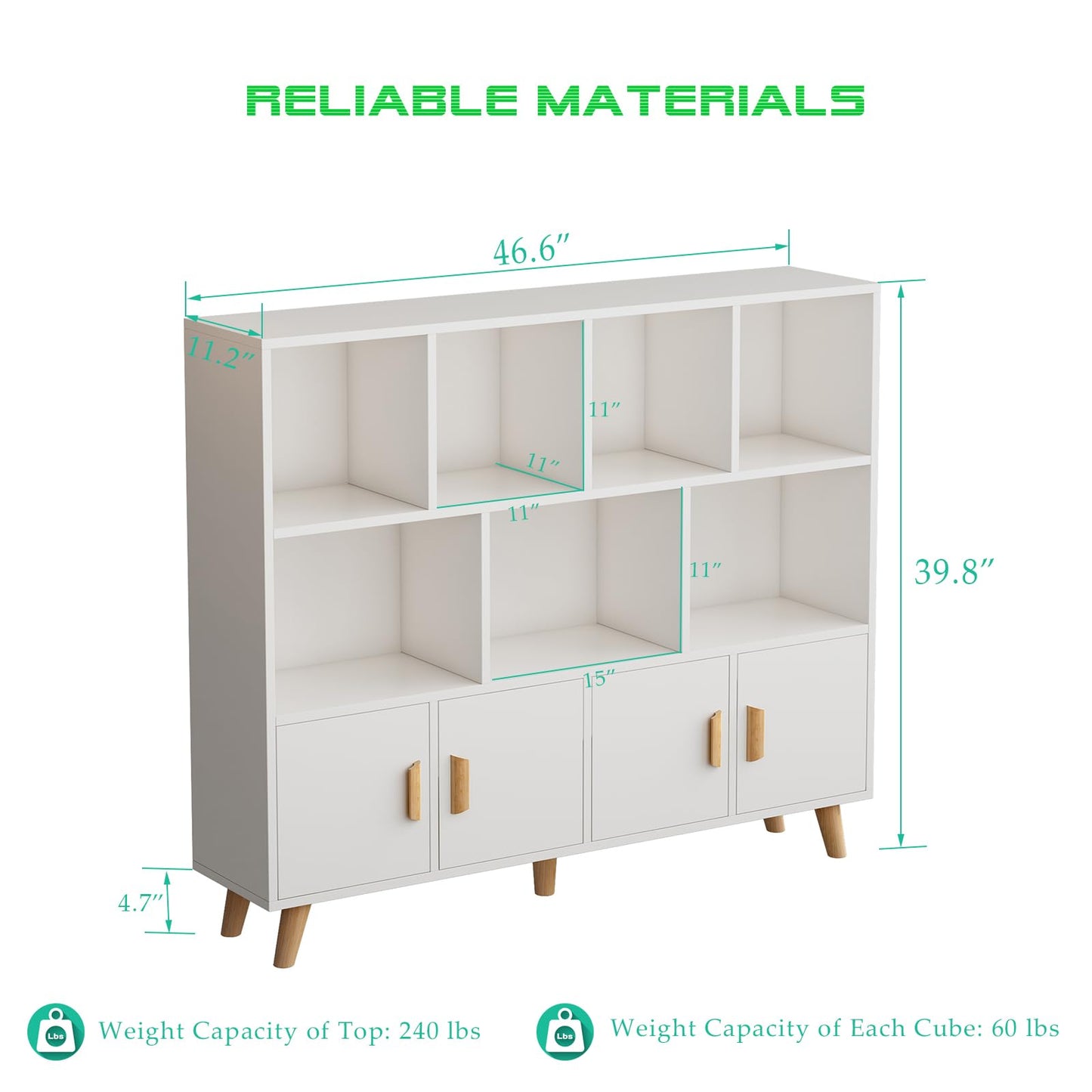 OSCHF Cubby Shelf Bookcase with Doors - Wooden 11 Cube Floor Standing Open Bookshelf with Solid Wood Legs, 3-Tier Storage Cabinet, Warm White