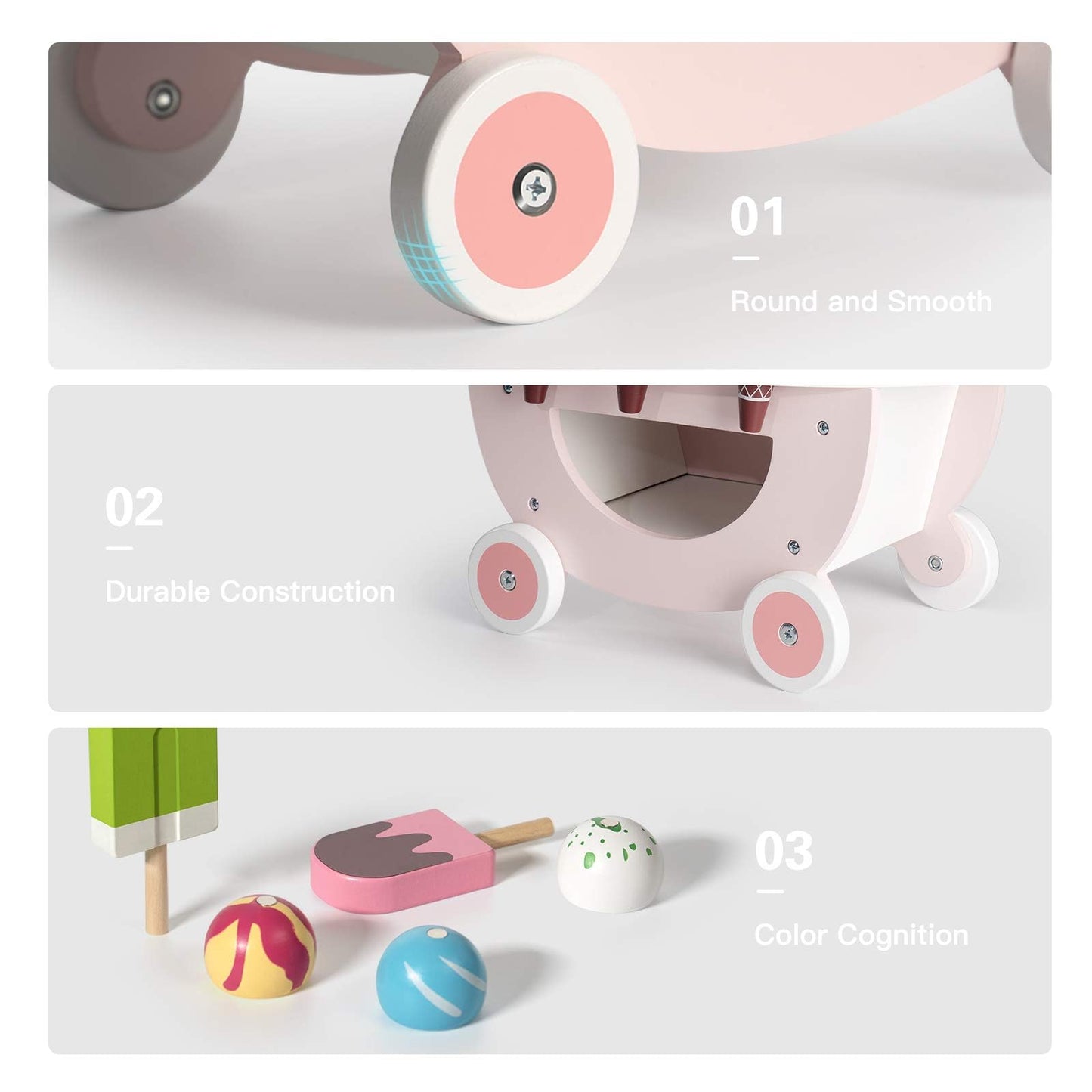 ROBUD Wooden Ice Cream Cart Toys for Kids, Toddlers Pretend Play Food Truck, Gift for Girls and Boys 3 Years & Up, Pink