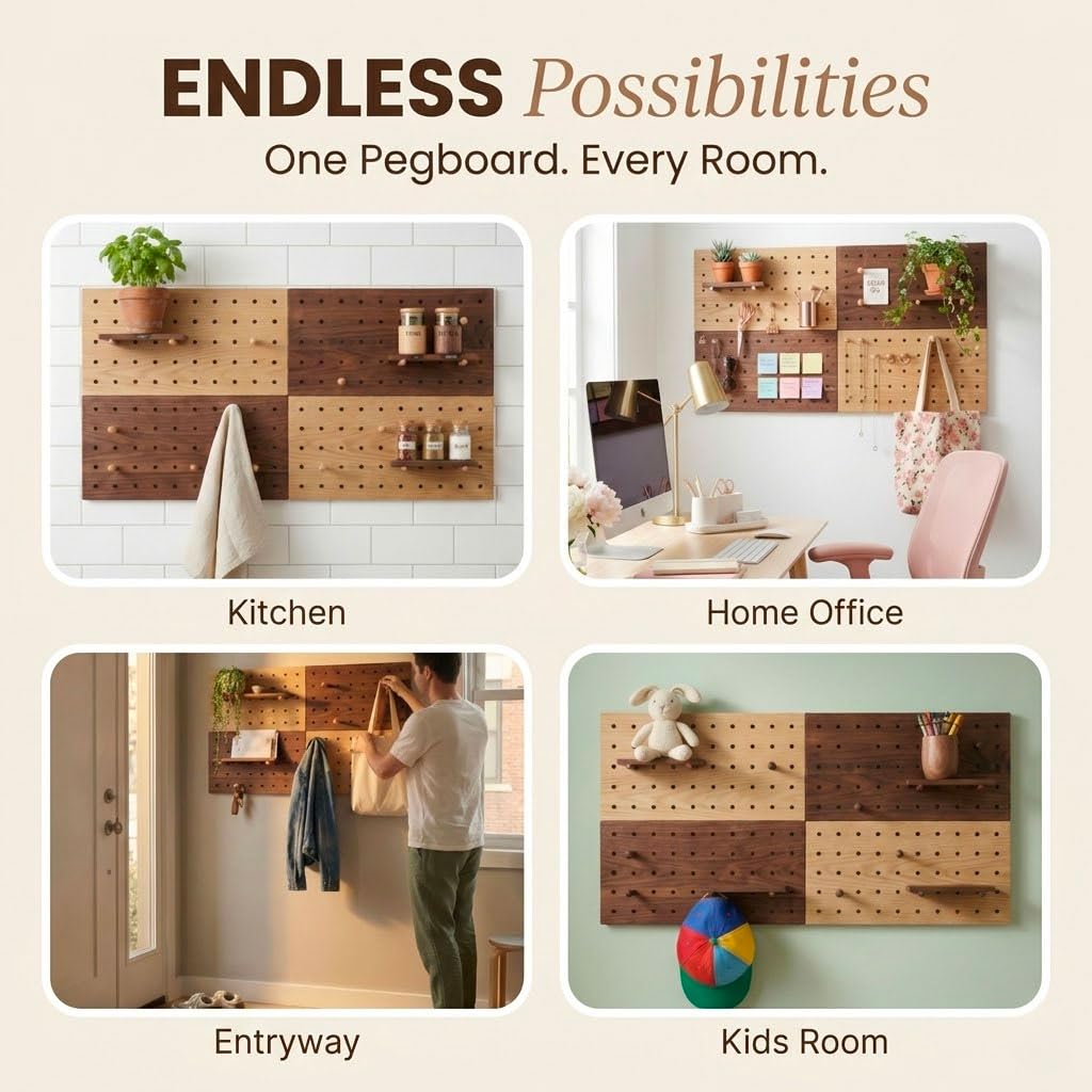 IliBx Wooden Pegboard Wall Organizer Kit – Modern Density Wood Peg Board with Shelves & Hooks – 2 Tone Natural & Brown Wood-Look Wall Organizer for Office Setup or Home Decor Storage Rack