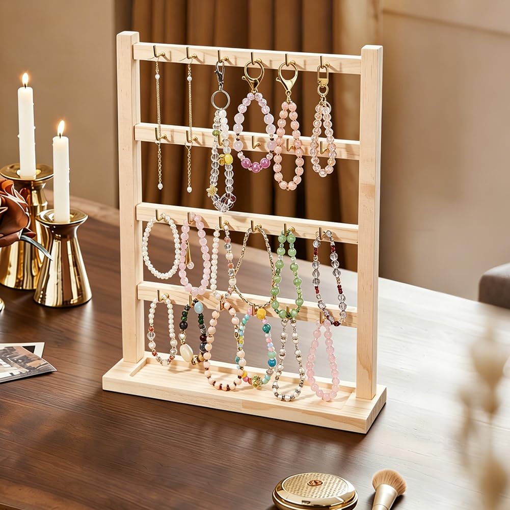 SUPERFINDINGS 4 Tier Wooden Earring Display Stand Keychain Display Stand with 24 Gold Hooks Rack Earring Cards Organizer with Trays for Retail Counter Home Entryway Keychain Necklace Bracelet