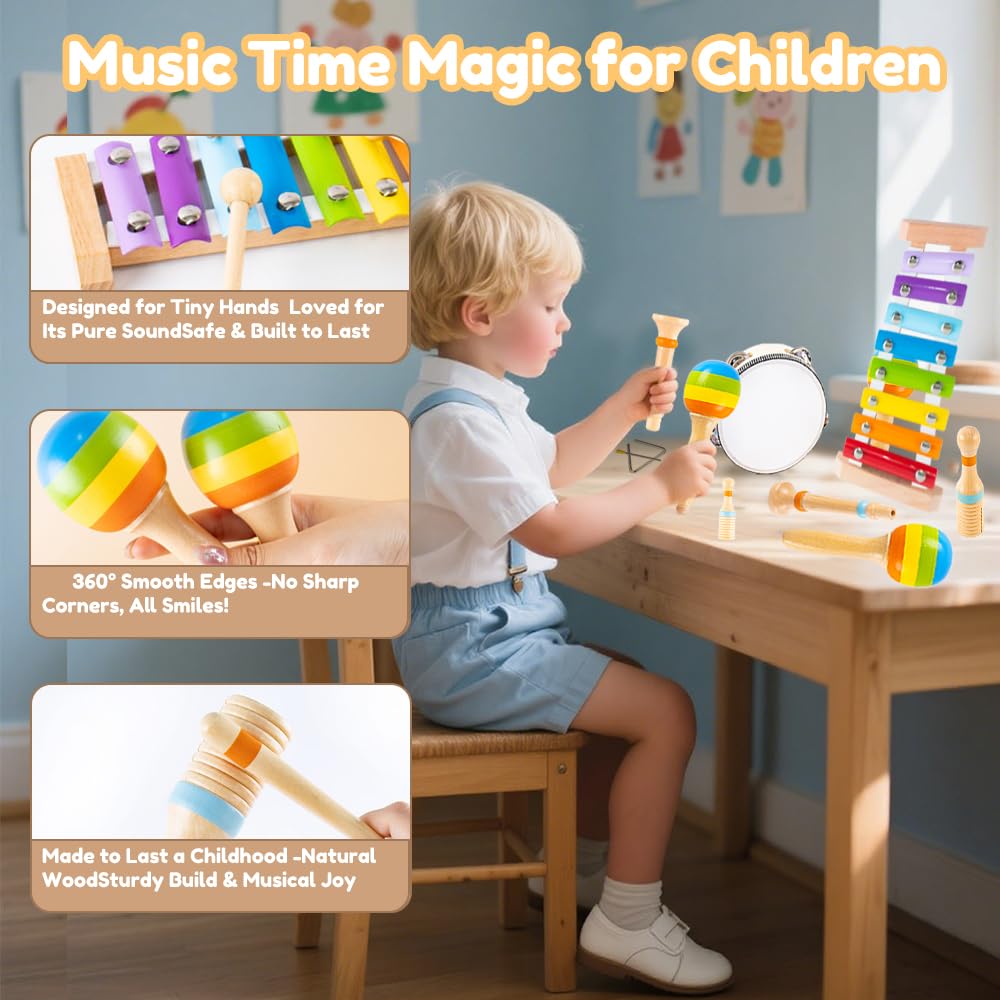Montessori Wooden Musical Instruments for Toddlers, Educational Baby Drum Set with Xylophone & Maracas and More, Music Toys for Toddler Preschool