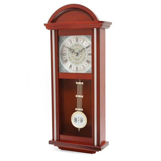 CUYOU Arched Wooden Wall Clock with Pendulum and Chimes,Battery Operated,Large Elegant Wooden Design,for Living Room, Kitchen,Office&Home Decor (Brown)