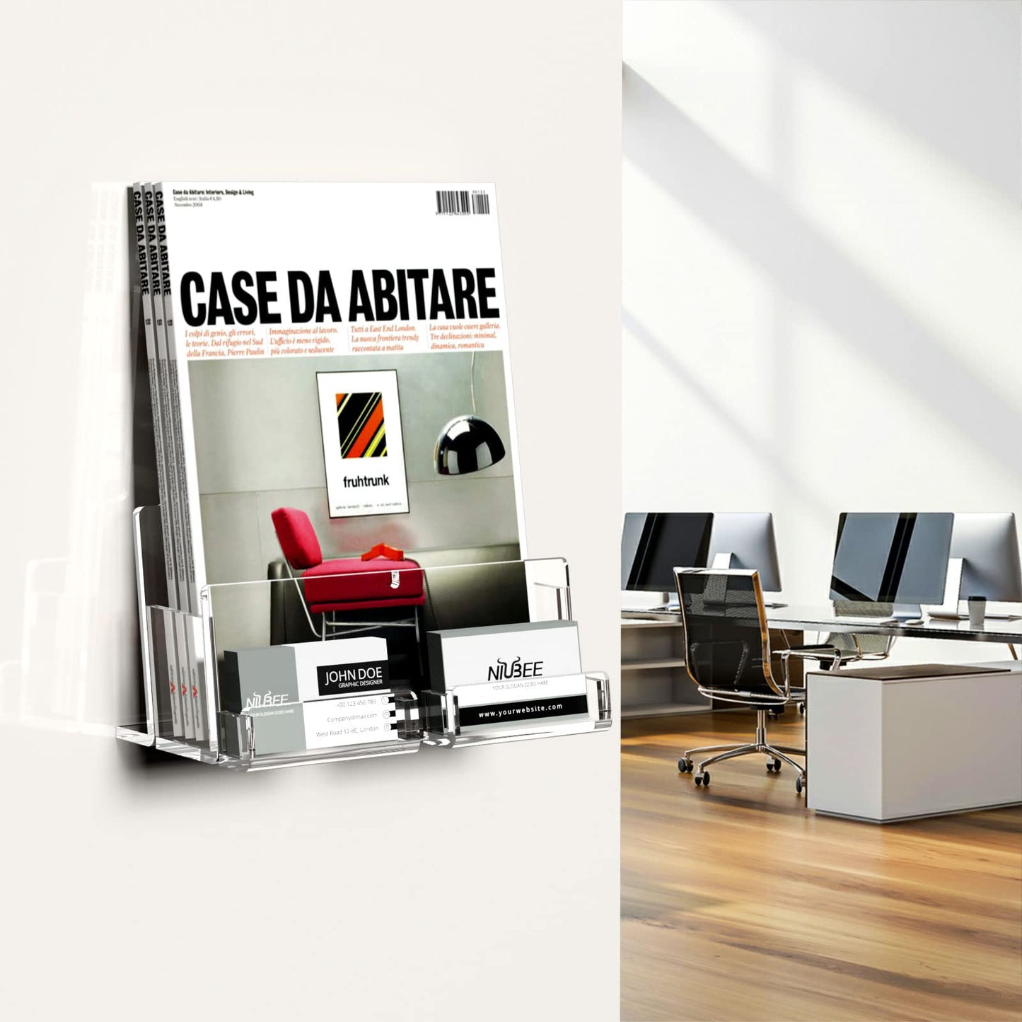 Acrylic Brochure Holder 8.5 x 11 inches , Clear Brochure Display Wall Mount Stand with Acrylic Business Card Holder, Plastic Flyer Display Stand for Magazine, Pamphlet, Booklets, Menu, Journals(2-Packs )