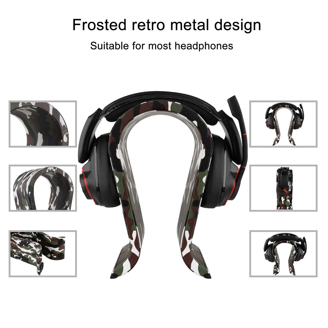 GEEKRIA Camo Gaming Headset Stand, Vegan Leather Wooden Omega Headphone Holder for Desk Setup, Over-Ear Headphones Display Rack Compatible with JBL, HyperX, Razer, Turtle Beach, Sony PS5