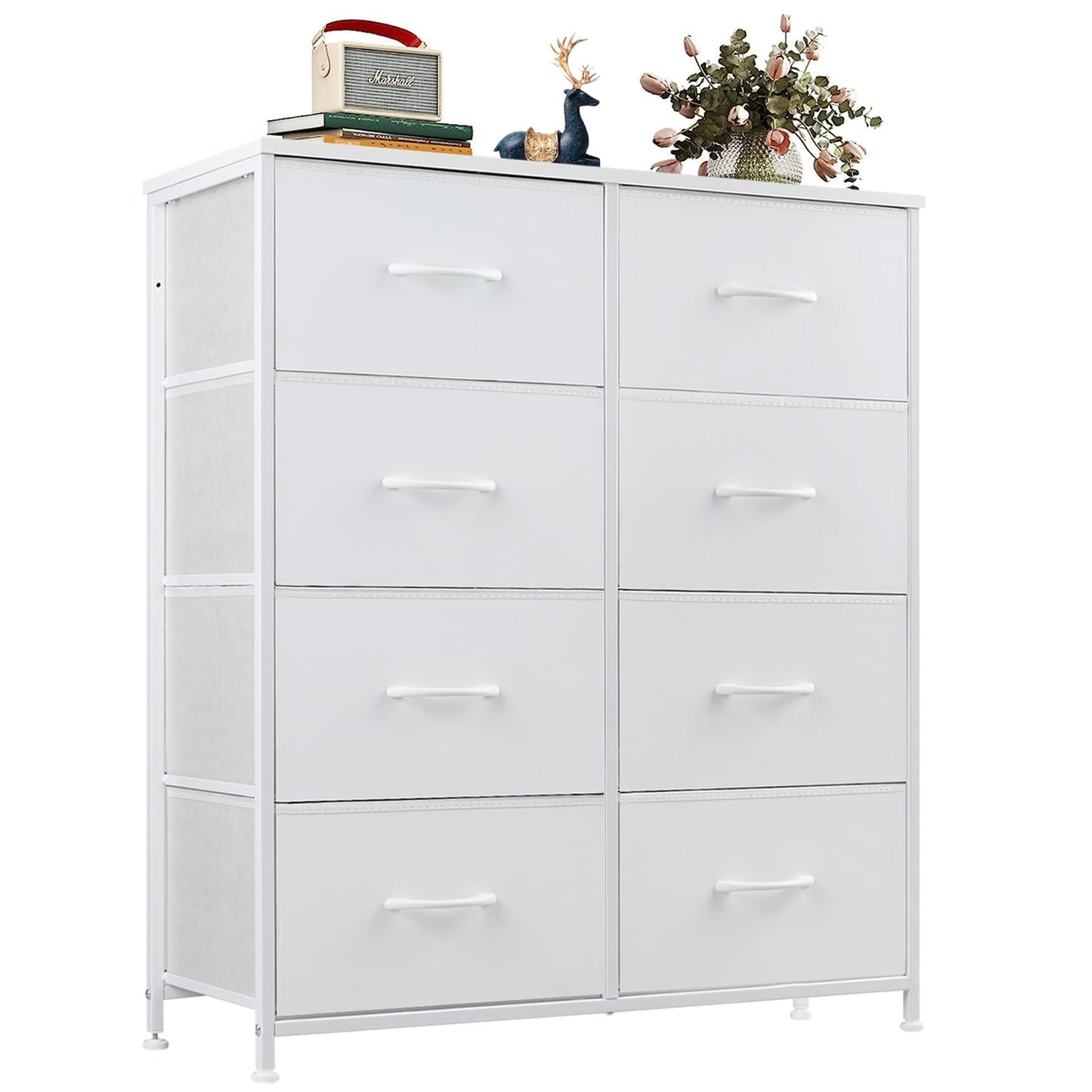 OLIXIS Dresser for Bedroom, 8 Storage Drawers, Tall Large Fabric Storage Tower Organizer, Chest of Drawers with Metal Frame Wooden Top for Nursery, Closet, Living Room, Entryway, White